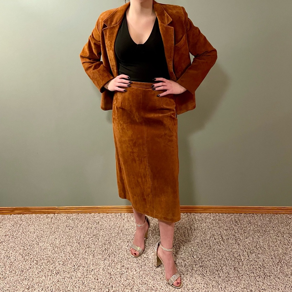Vintage Leather Attic Lined Two Piece Caramel Genuine Suede Suit With Skirt
